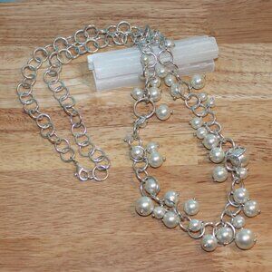 Long Strand Silver Toned Multi Faux Pearl Beads & Loops Necklace
